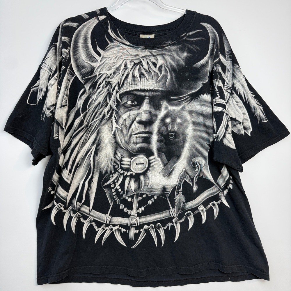 Liquid‎ Blue Graphic T-Shirt Mens 2X Black 2003 Wolf Native American AOP